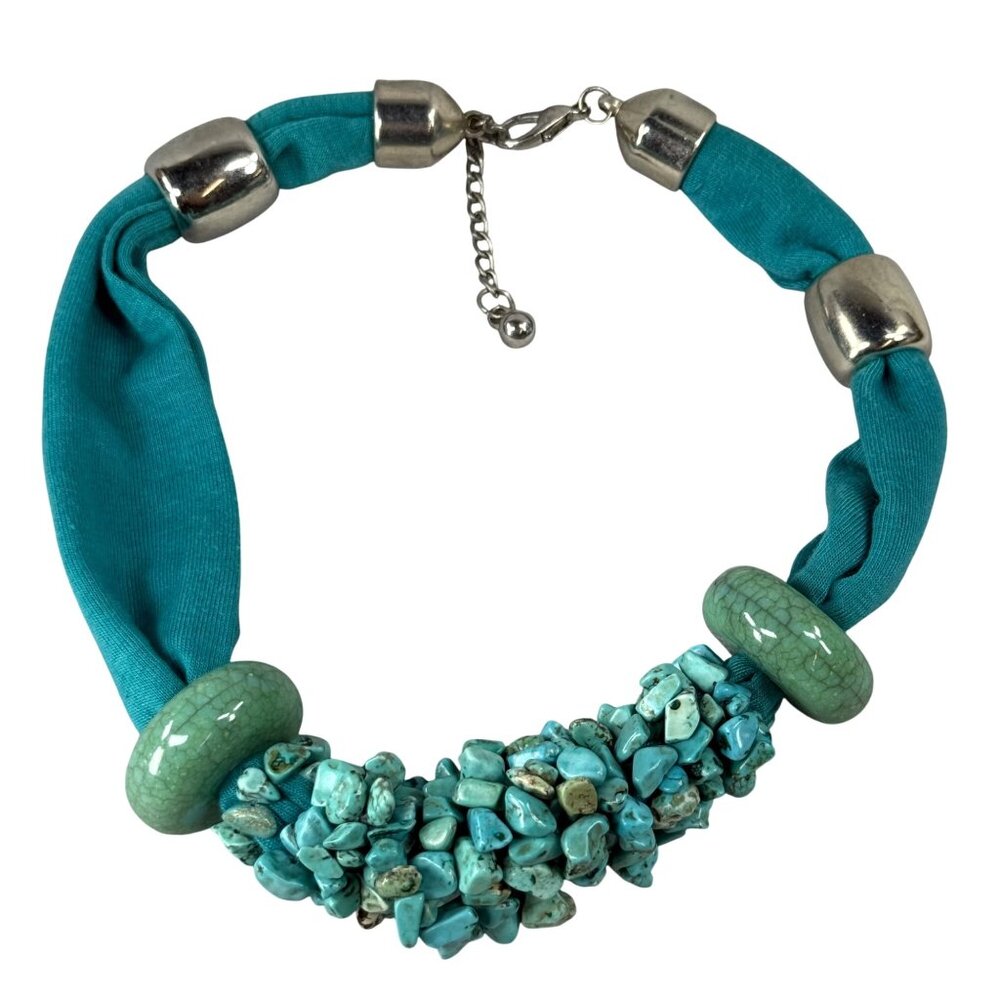 Turquoise Color Bead & Fabric Necklace Adjustable Chain Clasp Silver Tone Accent